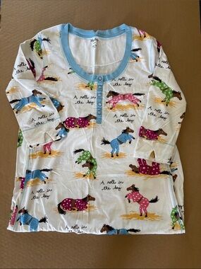Hatley White Horse-Print Henley Pajama Nightgown with Light Blue Trim